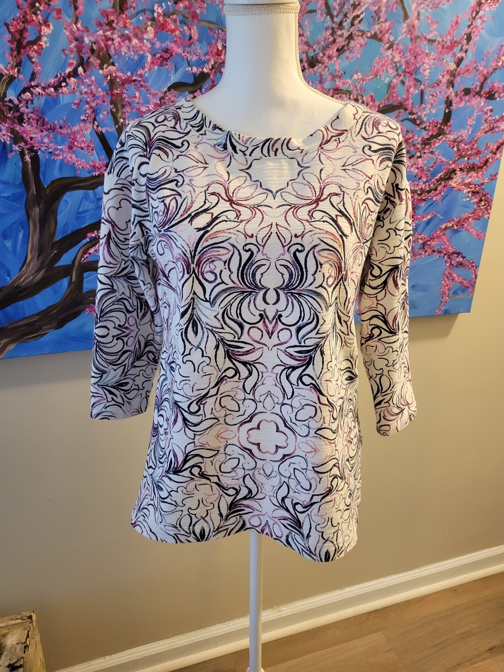 Talbots Cream Tunic with Black and Pink Scroll Motif